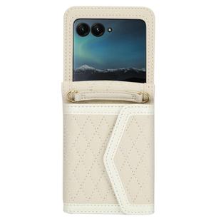 For Motorola Razr 60 Ultra Splicing Rhombic Texture Phone Case with Long & Short Lanyard(Beige)