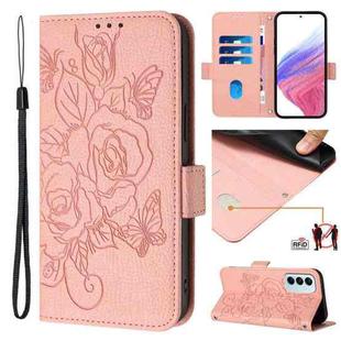 For Samsung Galaxy M14 5G Global Embossed Rose RFID Anti-theft Leather Phone Case(Pink)