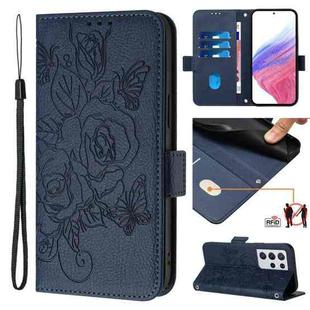 For Samsung Galaxy S21 Ultra 5G Embossed Rose RFID Anti-theft Leather Phone Case(Dark Blue)