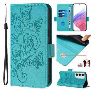 For Samsung Galaxy S24 FE 5G Embossed Rose RFID Anti-theft Leather Phone Case(Light Blue)