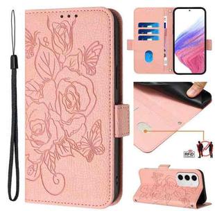 For Samsung Galaxy S24 FE 5G Embossed Rose RFID Anti-theft Leather Phone Case(Pink)