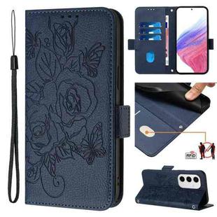 For Samsung Galaxy S24 FE 5G Embossed Rose RFID Anti-theft Leather Phone Case(Dark Blue)