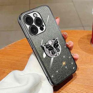 For iPhone 15 Pro Max Plated Gradient Glitter Butterfly Holder TPU Phone Case(Black)