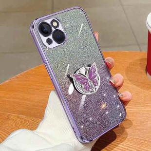 For iPhone 15 Plus Plated Gradient Glitter Butterfly Holder TPU Phone Case(Purple)