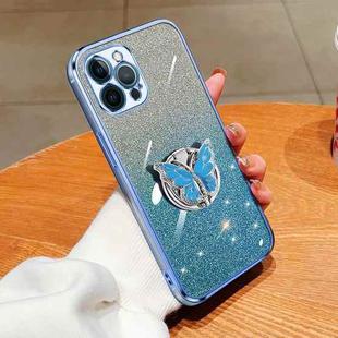 For iPhone 12 Pro Max Plated Gradient Glitter Butterfly Holder TPU Phone Case(Sierra Blue)