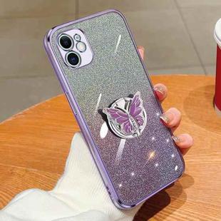 For iPhone 11 Plated Gradient Glitter Butterfly Holder TPU Phone Case(Purple)