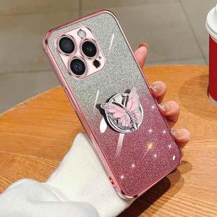 For iPhone 16 Pro Max Plated Gradient Glitter Butterfly Holder TPU Phone Case(Pink)