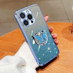 For iPhone 16 Pro Plated Gradient Glitter Butterfly Holder TPU Phone Case(Sierra Blue)