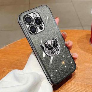 For iPhone 16 Pro Plated Gradient Glitter Butterfly Holder TPU Phone Case(Black)