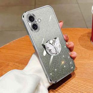 For iPhone 16 Plus Plated Gradient Glitter Butterfly Holder TPU Phone Case(Silver)