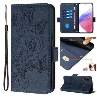 For Samsung Galaxy A20s Embossed Rose RFID Anti-theft Leather Phone Case(Dark Blue)