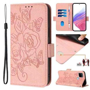 For Realme C21Y Embossed Rose RFID Anti-theft Leather Phone Case(Pink)