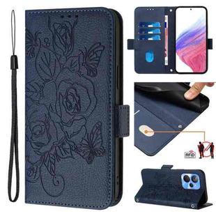 For Realme 10T 5G / 10s 5G / 9i 5G Indian Embossed Rose RFID Anti-theft Leather Phone Case(Dark Blue)