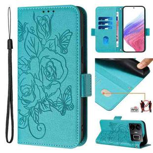 For Realme GT3 5G / GT Neo 5 240W Embossed Rose RFID Anti-theft Leather Phone Case(Light Blue)