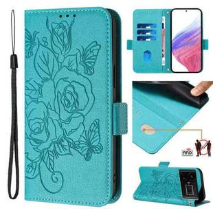 For Realme GT5 5G / GT5 5G 240W Embossed Rose RFID Anti-theft Leather Phone Case(Light Blue)