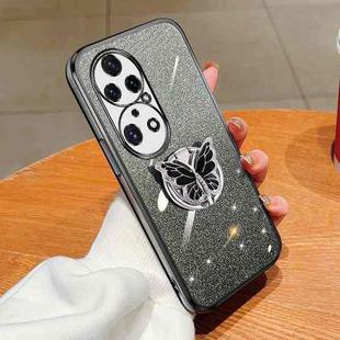 For Huawei P50 Pro Plated Gradient Glitter Butterfly Holder TPU Phone Case(Black)