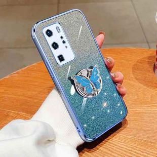 For Huawei P40 Pro Plated Gradient Glitter Butterfly Holder TPU Phone Case(Sierra Blue)