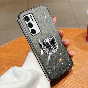 For Huawei P40 Plated Gradient Glitter Butterfly Holder TPU Phone Case(Black)