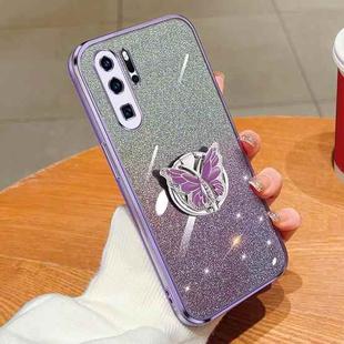 For Huawei P30 Pro Plated Gradient Glitter Butterfly Holder TPU Phone Case(Purple)