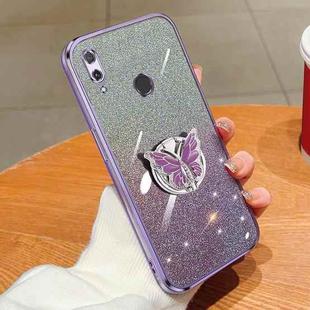 For Huawei Y7 2019 Plated Gradient Glitter Butterfly Holder TPU Phone Case(Purple)