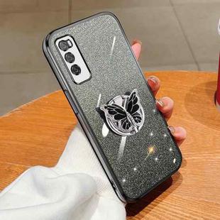 For Huawei Enjoy 20 Pro Plated Gradient Glitter Butterfly Holder TPU Phone Case(Black)