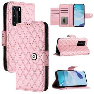 For Huawei P40 Pro Rhombic Texture Flip Leather Phone Case with Lanyard(Pink)