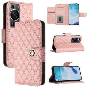 For Huawei P60 / P60 Pro Rhombic Texture Flip Leather Phone Case with Lanyard(Coral Pink)