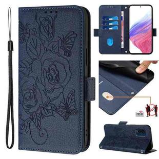 For BLU View Speed 5G B1550VL Embossed Rose RFID Anti-theft Leather Phone Case(Dark Blue)