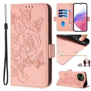 For Sharp Aquos R9 Embossed Rose RFID Anti-theft Leather Phone Case(Pink)