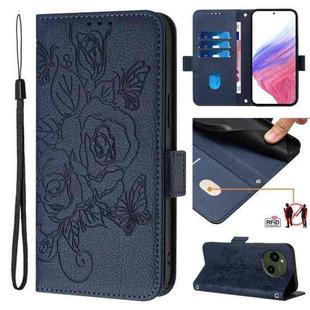 For Sharp Aquos R9 Embossed Rose RFID Anti-theft Leather Phone Case(Dark Blue)