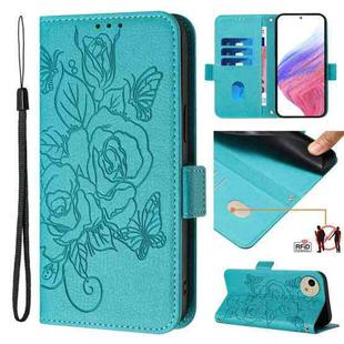 For Sharp Aquos Wish4 Embossed Rose RFID Anti-theft Leather Phone Case(Light Blue)