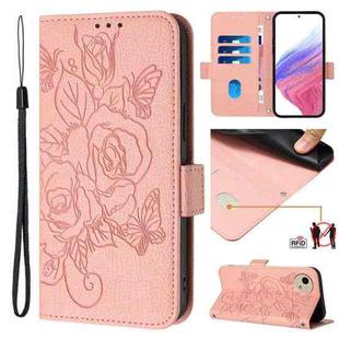 For Sharp Aquos Wish4 Embossed Rose RFID Anti-theft Leather Phone Case(Pink)