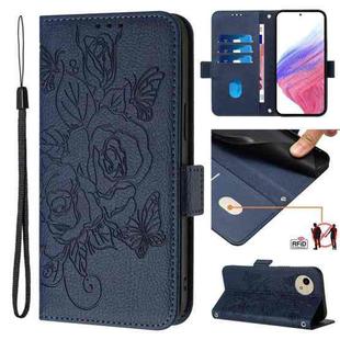 For Sharp Aquos Wish4 Embossed Rose RFID Anti-theft Leather Phone Case(Dark Blue)