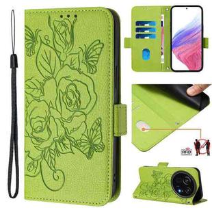 For Sharp Aquos R9 Pro Embossed Rose RFID Anti-theft Leather Phone Case(Green)