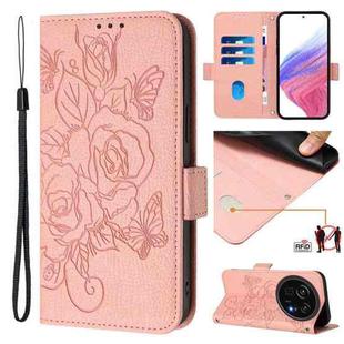 For Sharp Aquos R9 Pro Embossed Rose RFID Anti-theft Leather Phone Case(Pink)