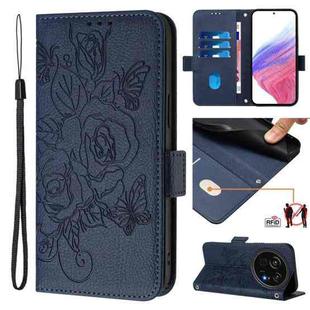 For Sharp Aquos R9 Pro Embossed Rose RFID Anti-theft Leather Phone Case(Dark Blue)