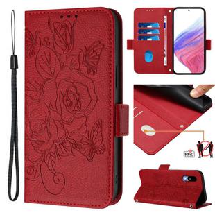 For Sharp Basio Active3 Embossed Rose RFID Anti-theft Leather Phone Case(Red)