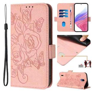 For Nokia C01 Plus / C1 2nd Edition Embossed Rose RFID Anti-theft Leather Phone Case(Pink)