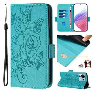 For ZTE Blade V50 Vita Embossed Rose RFID Anti-theft Leather Phone Case(Light Blue)