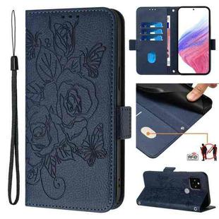 For Google Pixel 5 Embossed Rose RFID Anti-theft Leather Phone Case(Dark Blue)