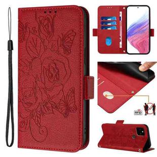 For Google Pixel 5a Embossed Rose RFID Anti-theft Leather Phone Case(Red)