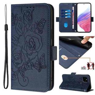For Google Pixel 5a Embossed Rose RFID Anti-theft Leather Phone Case(Dark Blue)