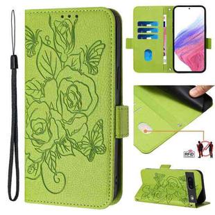 For Google Pixel 7 Embossed Rose RFID Anti-theft Leather Phone Case(Green)