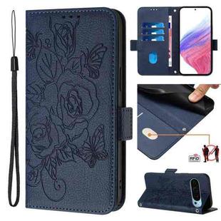 For Google Pixel 9 5G Embossed Rose RFID Anti-theft Leather Phone Case(Dark Blue)