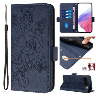 For Google Pixel 10 Pro XL 5G Global Embossed Rose RFID Anti-theft Leather Phone Case(Dark Blue)