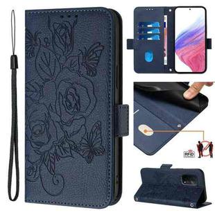 For OPPO A77 5G / A97 5G / Realme V23 Embossed Rose RFID Anti-theft Leather Phone Case(Dark Blue)