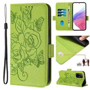 For OPPO A74 4G / F19 / F19s / A95 5G / 4G Embossed Rose RFID Anti-theft Leather Phone Case(Green)