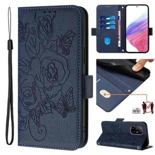 For OPPO A74 4G / F19 / F19s / A95 5G / 4G Embossed Rose RFID Anti-theft Leather Phone Case(Dark Blue)