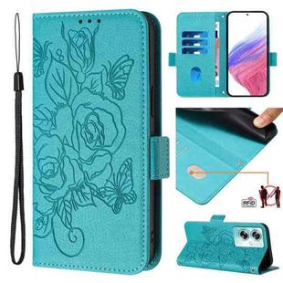 For OPPO A79 5G Global Embossed Rose RFID Anti-theft Leather Phone Case(Light Blue)