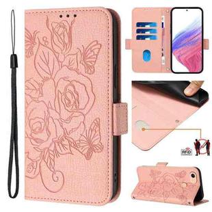 For OPPO F17 / A73 2020 4G Global Embossed Rose RFID Anti-theft Leather Phone Case(Pink)